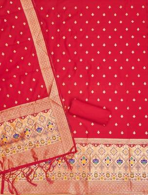 Red soft banarasi silk zari woven design dress material 4