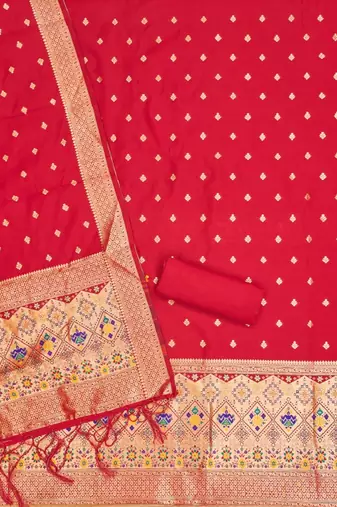 Red soft banarasi silk zari woven design dress material