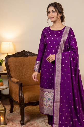 Purple soft banarasi silk zari woven design dress material