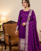 Purple soft banarasi silk zari woven design dress material