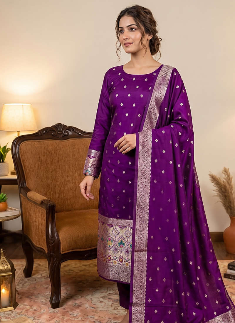 Purple soft banarasi silk zari woven design dress material
