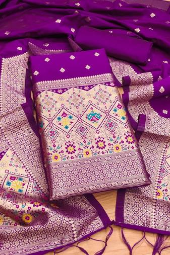 Purple soft banarasi silk zari woven design dress material