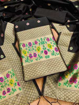 Black soft banarasi silk zari woven design dress material 1