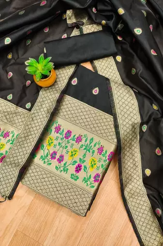 Black soft banarasi silk zari woven design dress material