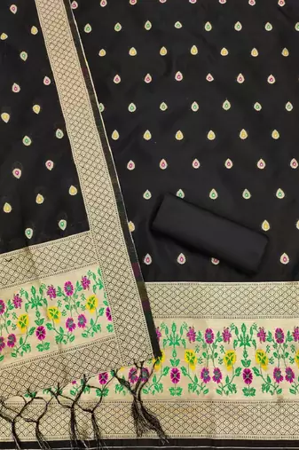 Black soft banarasi silk zari woven design dress material