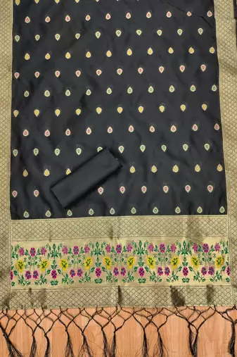 Black soft banarasi silk zari woven design dress material
