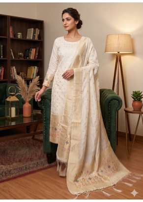 Offwhite soft banarasi silk zari woven design dress material 1