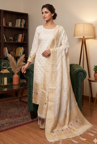 Offwhite soft banarasi silk zari woven design dress material