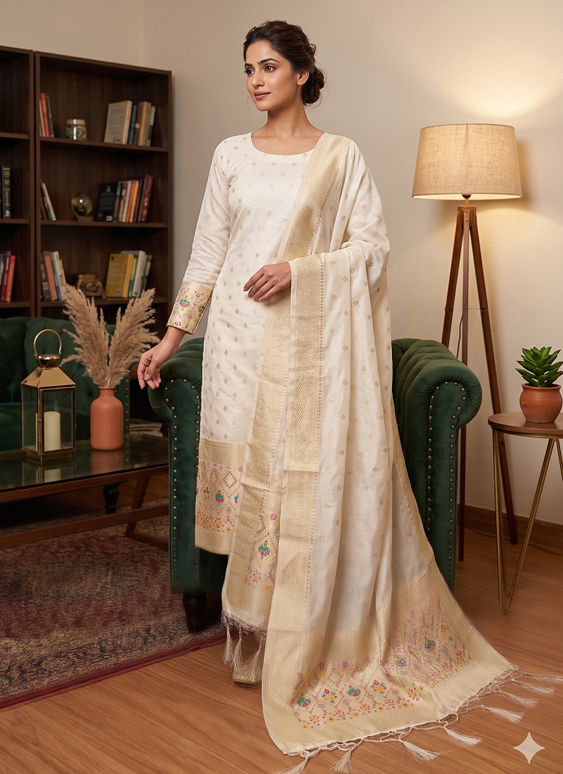 Offwhite soft banarasi silk zari woven design dress material