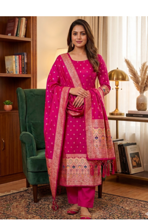 Magenta soft banarasi silk zari woven design dress material 1