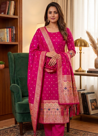 Magenta soft banarasi silk zari woven design dress material