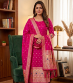 Magenta soft banarasi silk zari woven design dress material