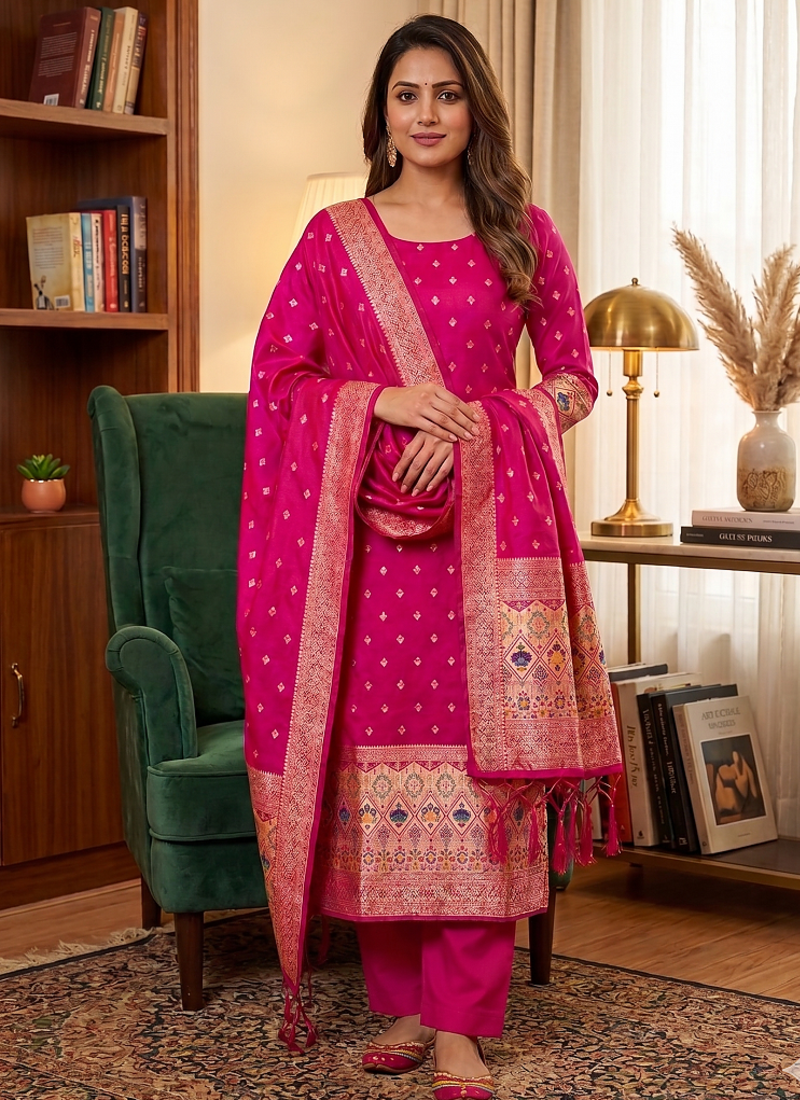 Magenta soft banarasi silk zari woven design dress material