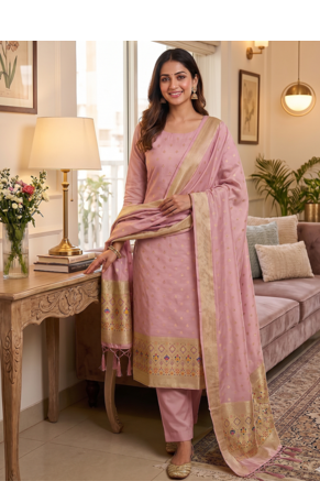 Pink soft banarasi silk zari woven design dress material 1