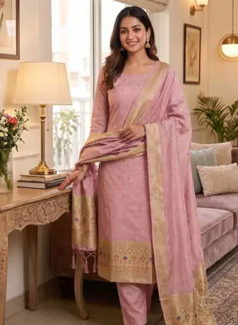Pink soft banarasi silk zari woven design dress material