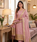 Pink soft banarasi silk zari woven design dress material