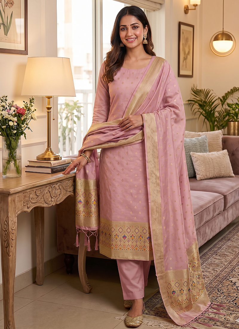 Pink soft banarasi silk zari woven design dress material
