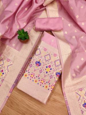 Pink soft banarasi silk zari woven design dress material 3