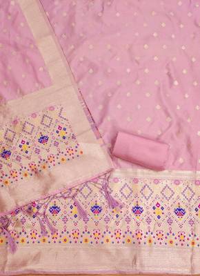 Pink soft banarasi silk zari woven design dress material 4