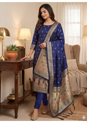 Blue soft banarasi silk zari woven design dress material 1