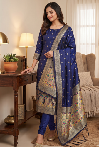 Blue soft banarasi silk zari woven design dress material