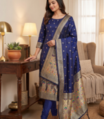 Blue soft banarasi silk zari woven design dress material