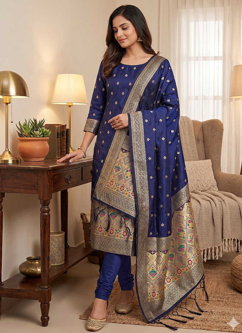 Blue soft banarasi silk zari woven design dress material