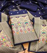 Blue soft banarasi silk zari woven design dress material