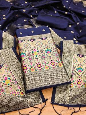 Blue soft banarasi silk zari woven design dress material 2