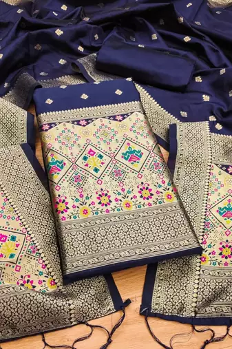 Blue soft banarasi silk zari woven design dress material
