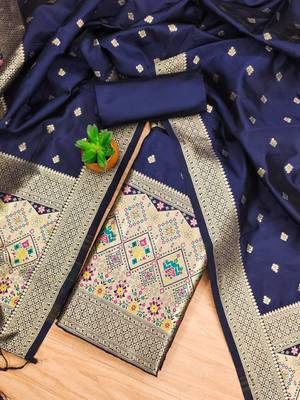 Blue soft banarasi silk zari woven design dress material 3