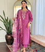 Wine Viscose Chanderi Fabric Staight Kurta, Pant and Dupatta Set