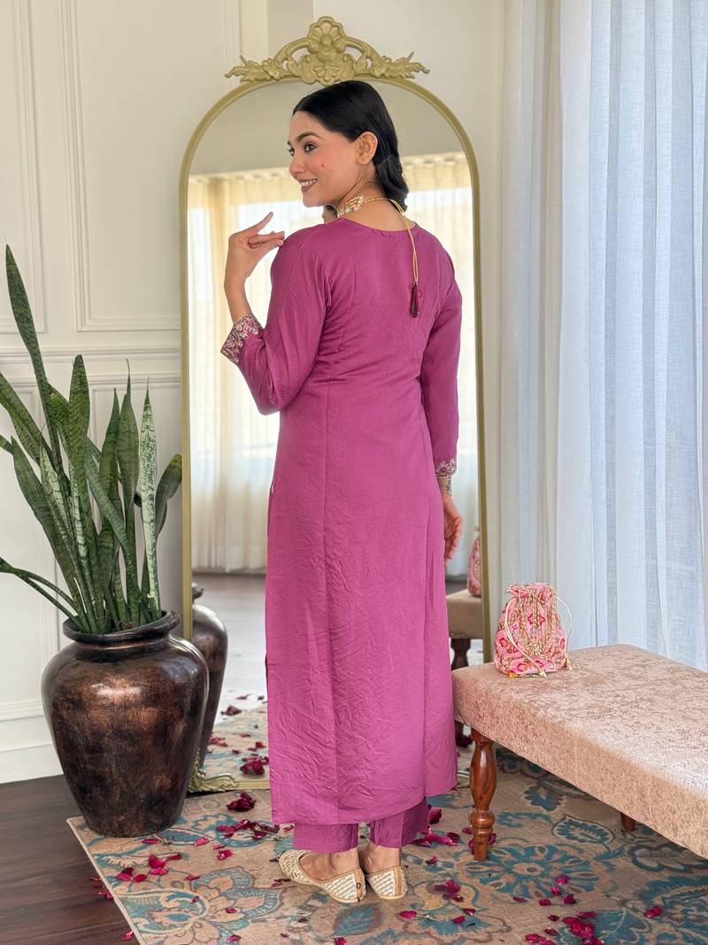 Wine Viscose Chanderi Fabric Staight Kurta, Pant and Dupatta Set