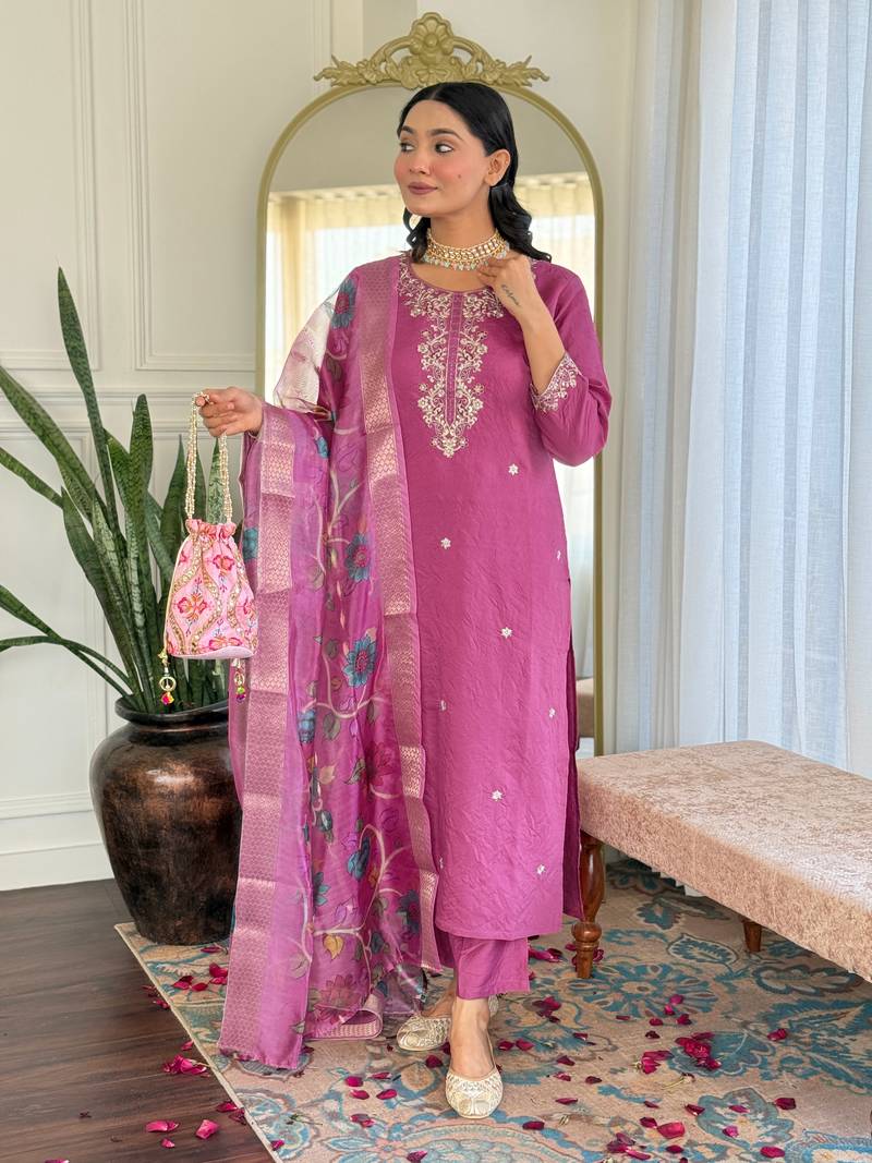Wine Viscose Chanderi Fabric Staight Kurta, Pant and Dupatta Set