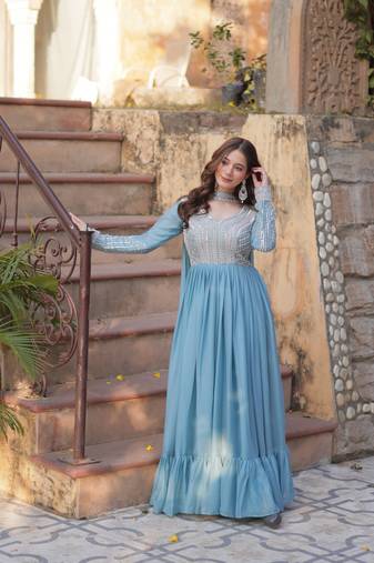 Sky Blue Georgette With Embroidery Beads Sequins Work Long Kurti & Dupatta