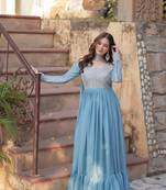 Sky Blue Georgette With Embroidery Beads Sequins Work Long Kurti & Dupatta