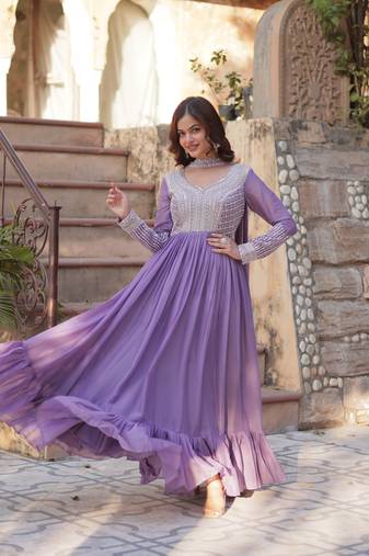 Lavender Georgette With Embroidery Beads Sequins Work Long Kurti & Dupatta