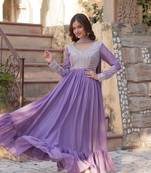Lavender Georgette With Embroidery Beads Sequins Work Long Kurti & Dupatta