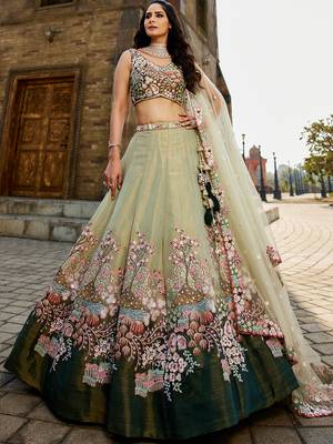 Green Net Sequin embroidery Semi-Stitched bridal Lehenga choli & Dupatta 1
