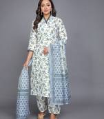 Women's Printed Cotton Slub Staight Kurta, Pant and Dupatta Set