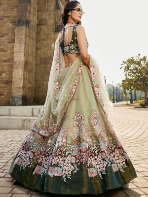Green Net Sequin embroidery Semi-Stitched bridal Lehenga choli & Dupatta 3