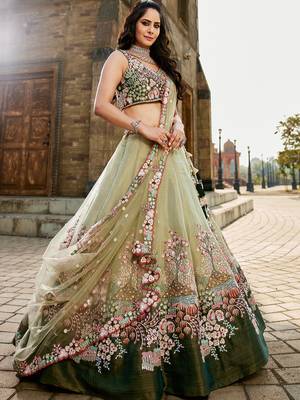 Green Net Sequin embroidery Semi-Stitched bridal Lehenga choli & Dupatta 4
