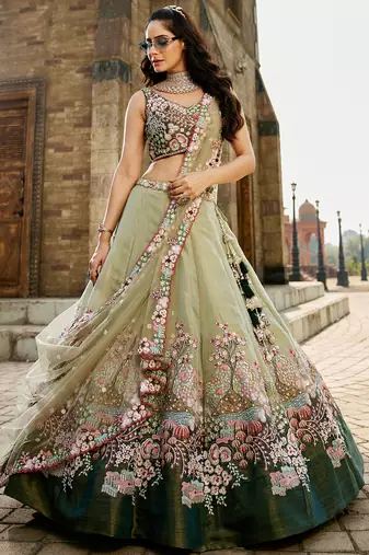 Green Net Sequin embroidery Semi-Stitched bridal Lehenga choli & Dupatta