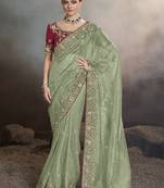 Sea green zari-sequins work fancy fabric saree with designer blouse