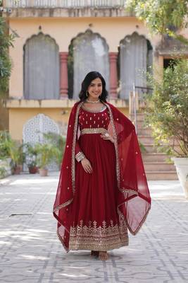 Maroon Designer Long Kurti & Duppta With Embroidery Sequins Work 1