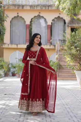 Maroon Designer Long Kurti & Duppta With Embroidery Sequins Work
