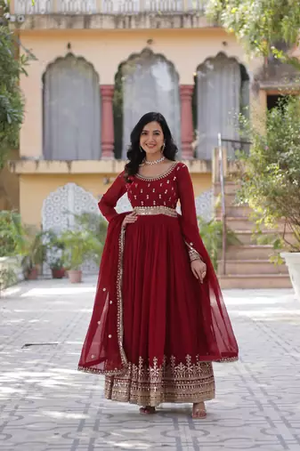 Maroon Designer Long Kurti & Duppta With Embroidery Sequins Work