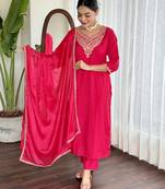 Women's Chanderi Viscose Fabric Staight Kurta, Pant and Dupatta Set