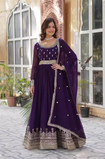 Purple Designer Long Kurti & Duppta With Embroidery Sequins Work