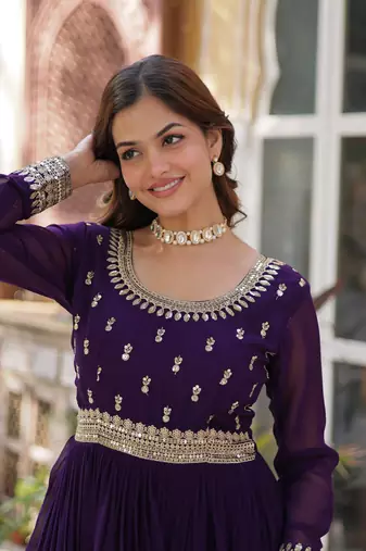 Purple Designer Long Kurti & Duppta With Embroidery Sequins Work